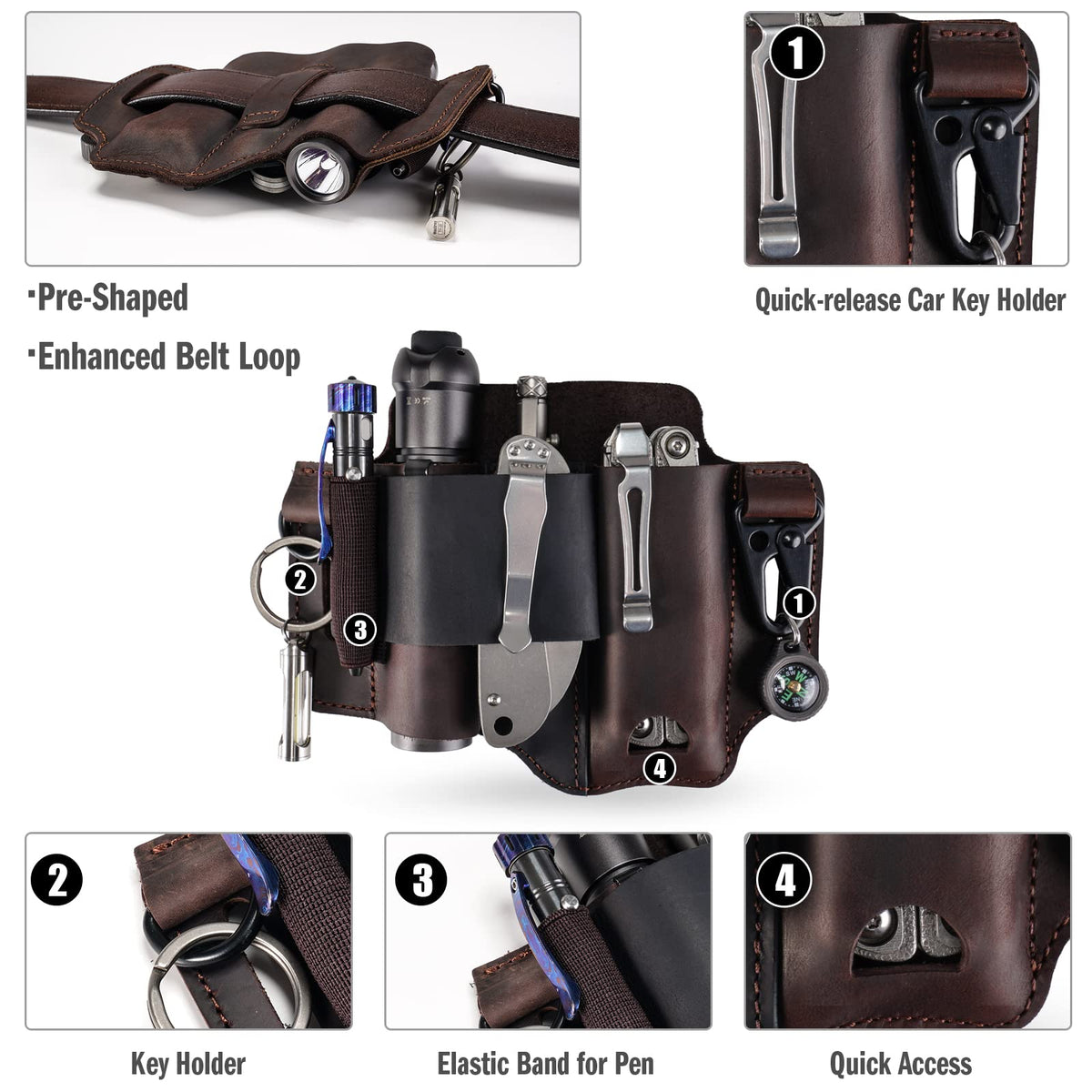 ST1 Leather Multitool Sheath - EDC Belt Organizer for Leatherman Tools, Flashlight, Pen, and Keychain Clip, Durable and Stylish, Great for Work and Daily Use, Ideal Gift for Men