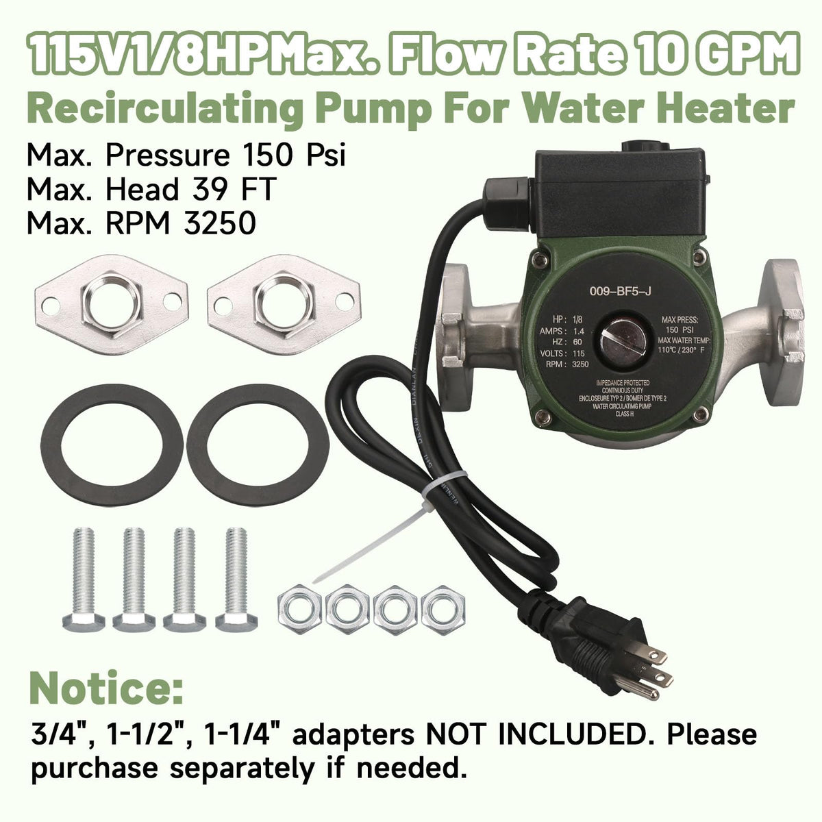 009-BF5-J Stainless Steel Water Circulator Pump 1/8 HP 115V 60Hz for Hydronic Heating Boiler Hot Water Circulation System