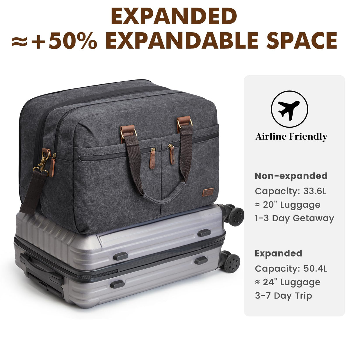 S-ZONE Expandable Duffle Bag for Travel 33L 50L Canvas Weekender Overnight Bags Men Women