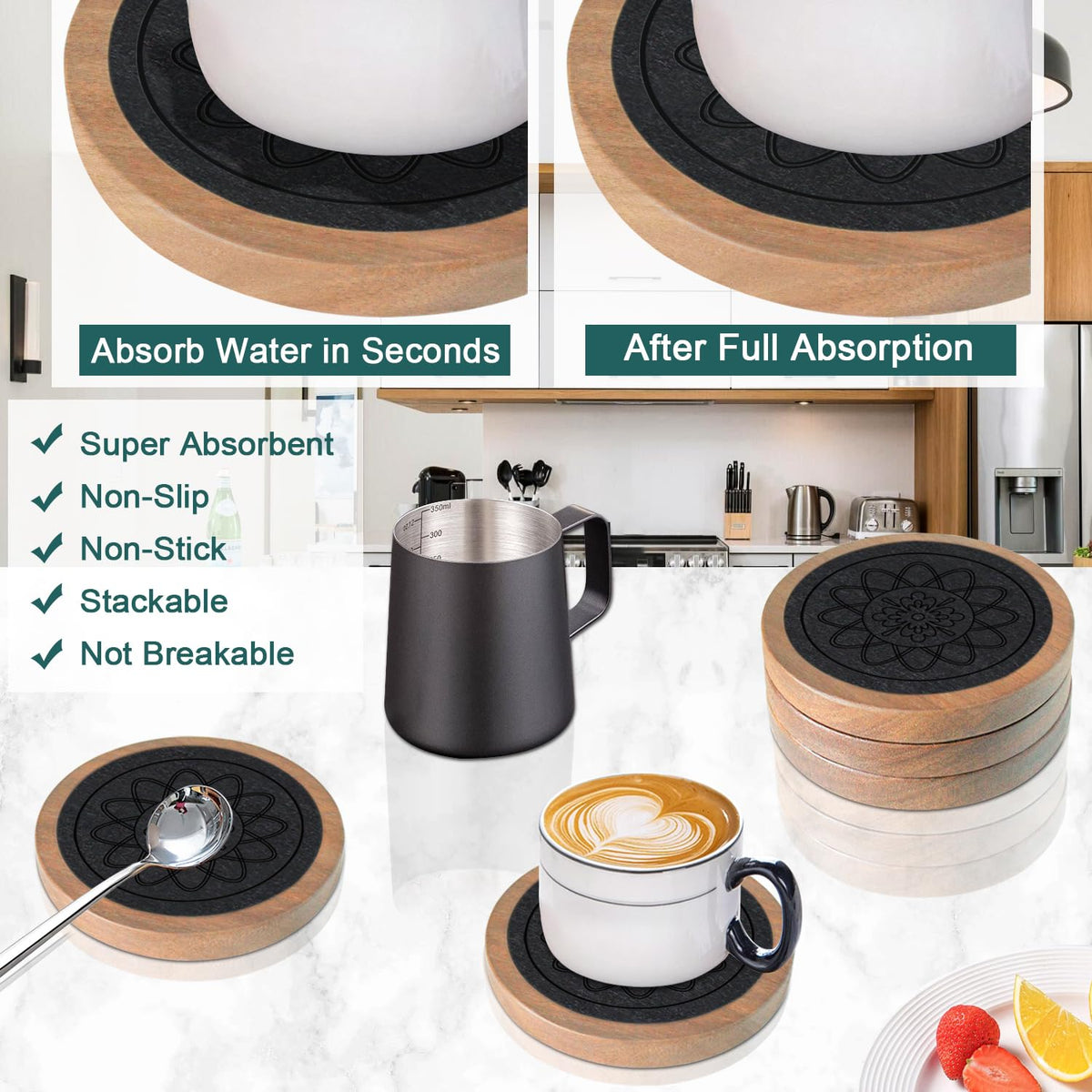 Wood Coasters for Drinks, Minacun Absorbent Coaster Sets of 5, Drinks Coasters for Coffee Tabletop Protection, Non-Slip, Non-Stick, Suitable for Kinds of Cups Wooden Table Drink, 4.3 Inches Black