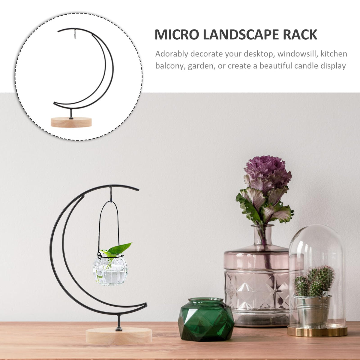 COHEALI Ornament Display Stand Moon-Shaped Iron Hanging Planter Rack Micro Landscape Vase Holder for Home Décor and Hanging Terrariums
