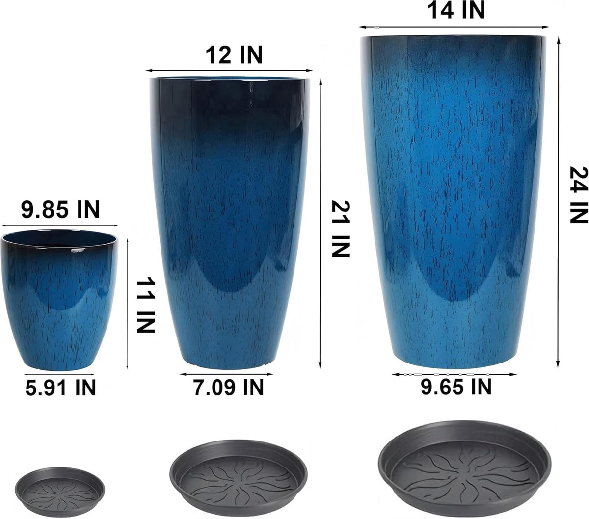 MinCHI257 24/21/11 Inch Tall Planter Pots Garden Plastic Planters - Set of 3 for Indoor & Outdoor Use - Decorative Lightweight Flower Pots