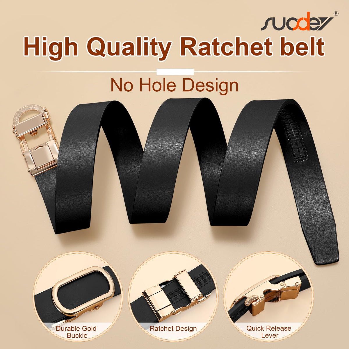 SUOSDEY Women Leather Ratchet Belt for Jeans Pants with Gold Automatic Sliding Buckle,Ladies Dress Belt,Width 1.2"