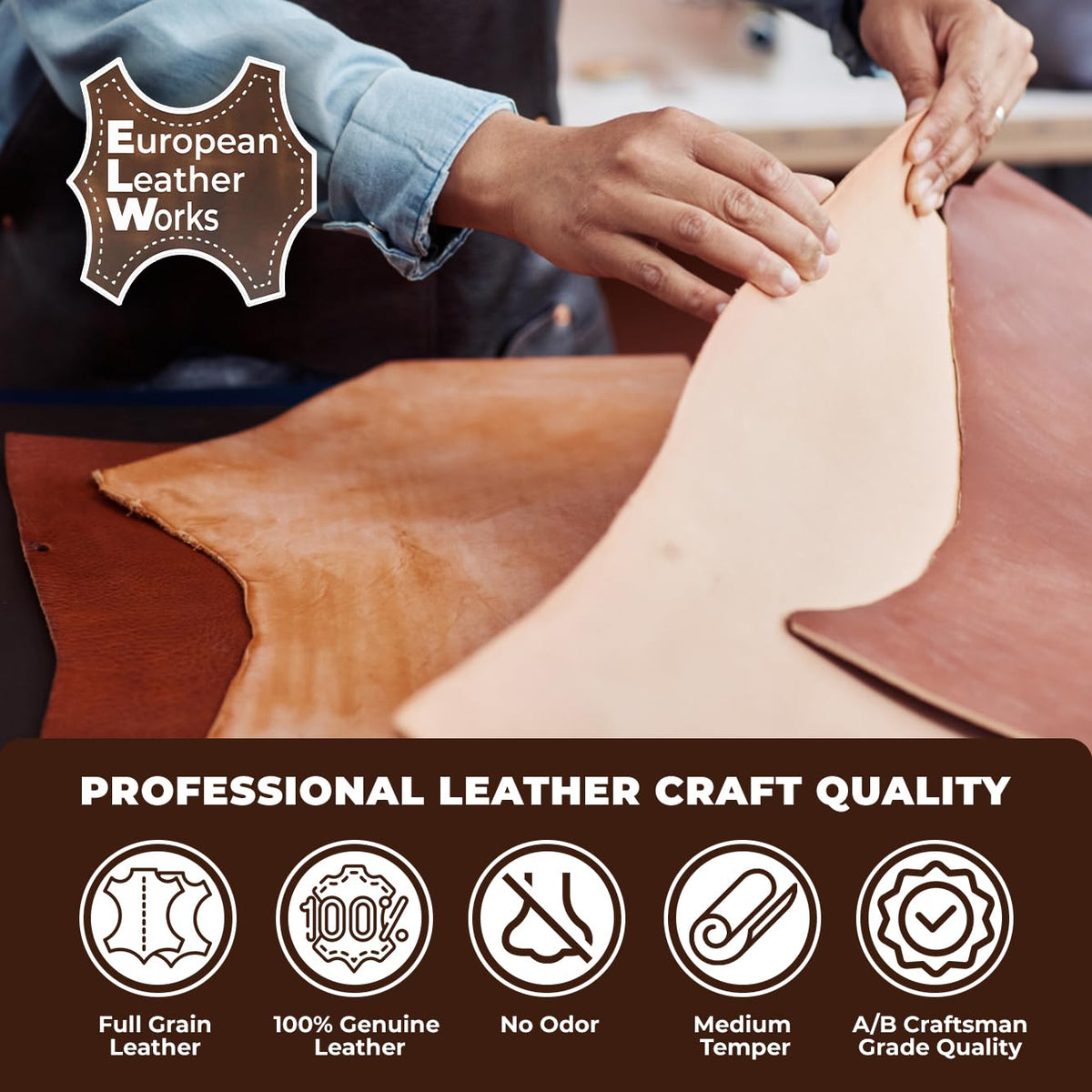 ELW Leather Strap, 8-9 Oz, 1.25 inch Wide x 40", Cowhide Veg Tan Leather Belt Blank, Leather Strips, Tooling Leather, Tan Straps for Crafts, Belt Making & Crafting Blank Hide