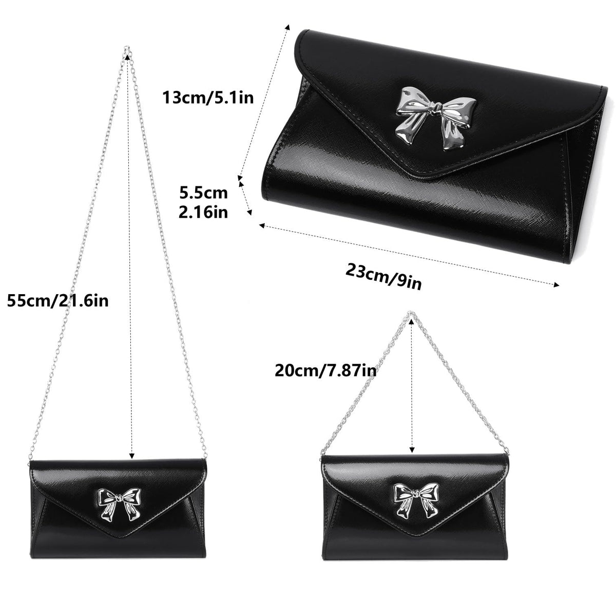 Gurina Evening Clutch Purse for Women with Bow Detail, Elegant PU Leather Shiny Party Bag with Detachable Chain Wedding Prom Handbag (Black L70)