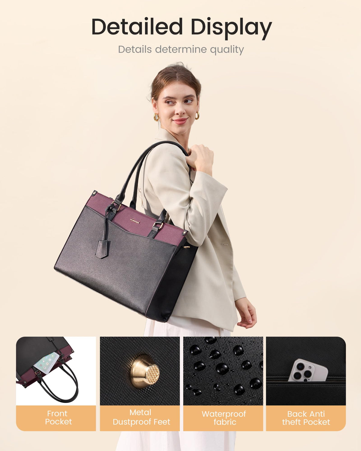 LOVEVOOK 17.3 inch Laptop Bag for Women, 2-in-1 Multi-Pocket Leather Tote Purse with Elegant Clutch & Cup Holder, Waterproof Structured Large Capacity Work Briefcase for Office Travel, Wine Red-Black