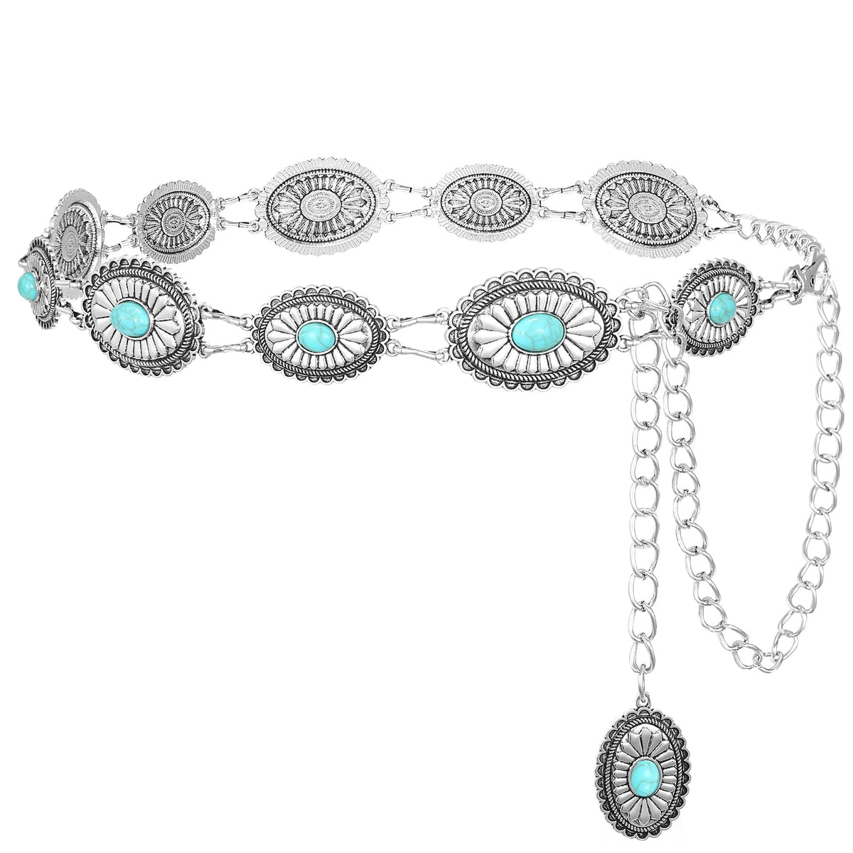 SANSTHS Western Metal Concho Belt for Women, Waist Chain Cowgirl Belt for Dresses Pants Jeans with Silver Chain, green gem S