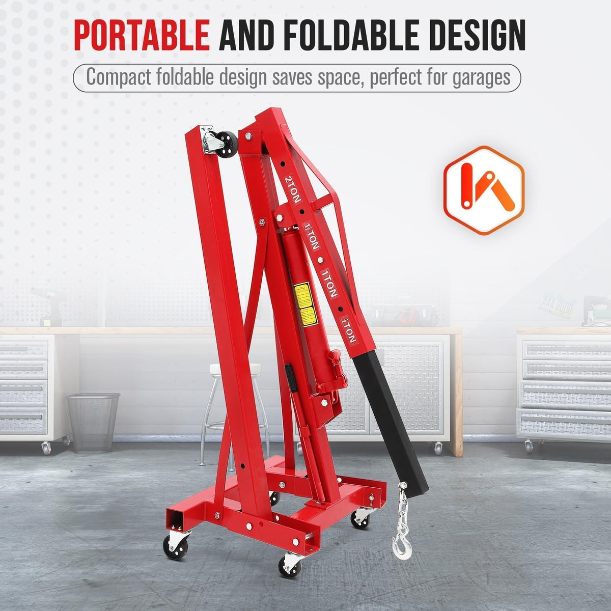 Foldable Engine Hoist, 2 Ton (4000 LB) Hydraulic Cherry Picker, Steel Mobile Load Lifter with 6 Wheels and Telescopic Boom, for Shop Crane, Garage, Workshop, Auto Repair, Heavy-Duty, Red