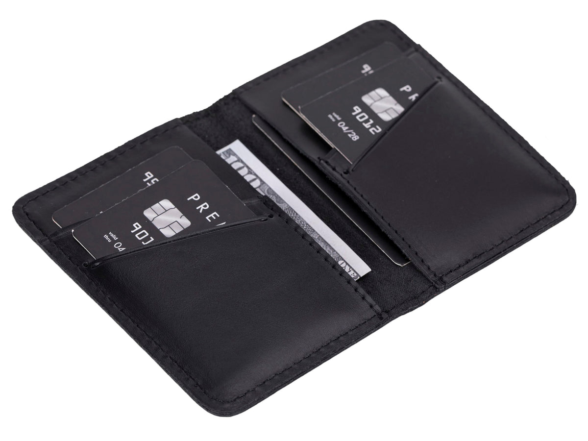 VENOULT Genuine Leather, Bi-fold Card Holder, Wallet with 4 Credit Card and 2 Cash Slots for Man or Women, (4.3 x 3.1 x 0.25 in), Slim Minimalist Design, Handcrafted (Rustic Black)