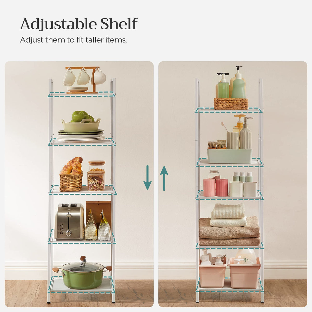 SONGMICS 5-Tier Storage Rack, Bathroom Shelf, Extendable Plant Stand with Adjustable Shelf, for Bathroom, Living Room, Balcony, Kitchen, White UBSC035W01