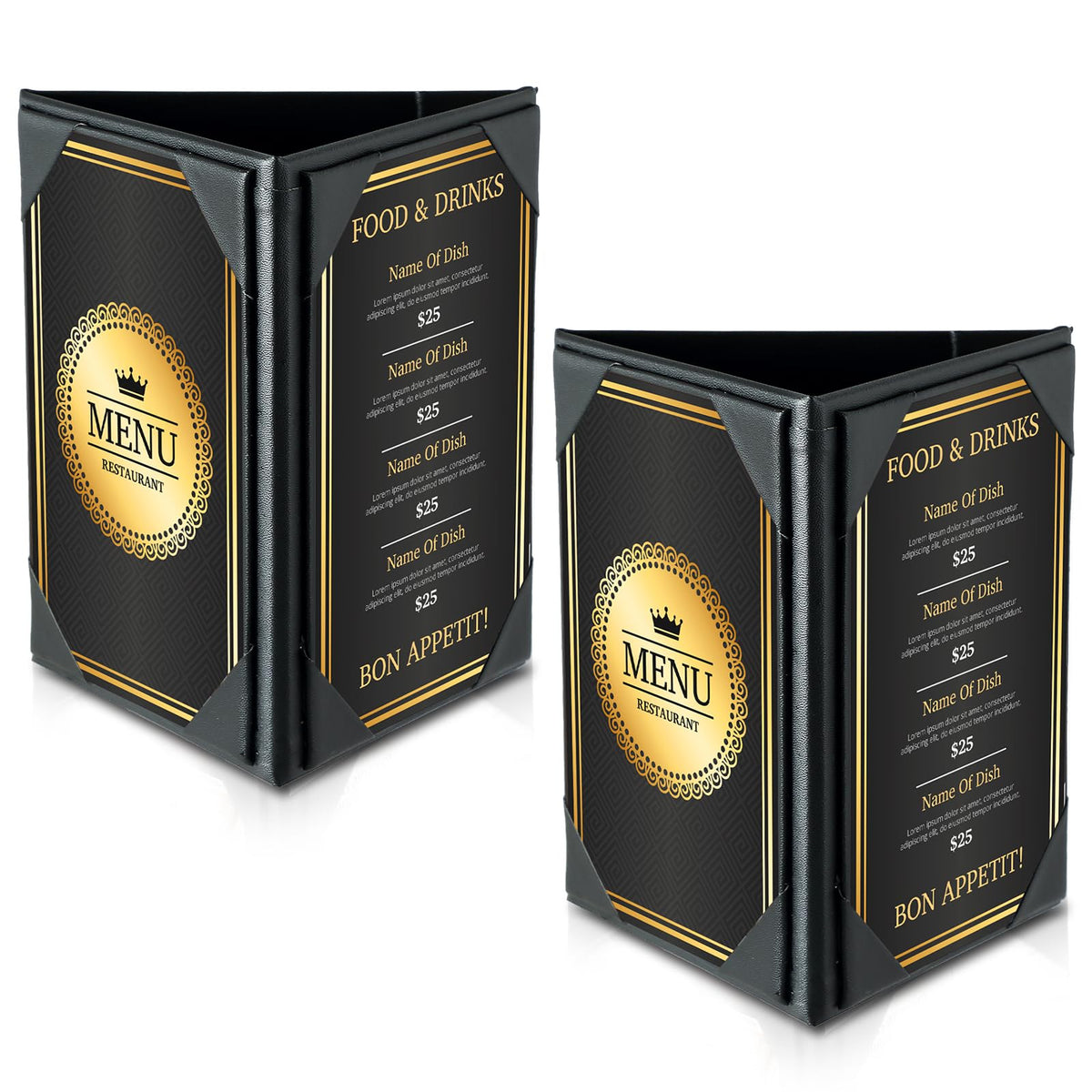 FLKQC Table Tent Triangle Menu Holders 4" x 6", 2 Pack 3-Side Leatherette Picture Frames, Menu Cover with Angled Corners for Restaurant, Bar, Cafe, Wedding, Durable Menu Folders