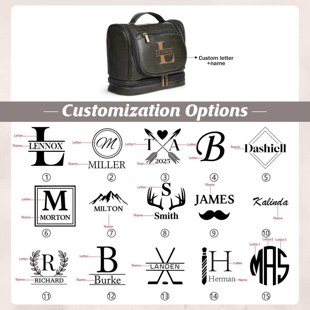 Zeekisfia Personalized Toiletry Bag for Men, Custom Engraved Travel Dopp Kit Bag, Customized Name Initials Gift for Dad, Boyfriend, Husband Father's Day, Wedding, Birthday(Green)