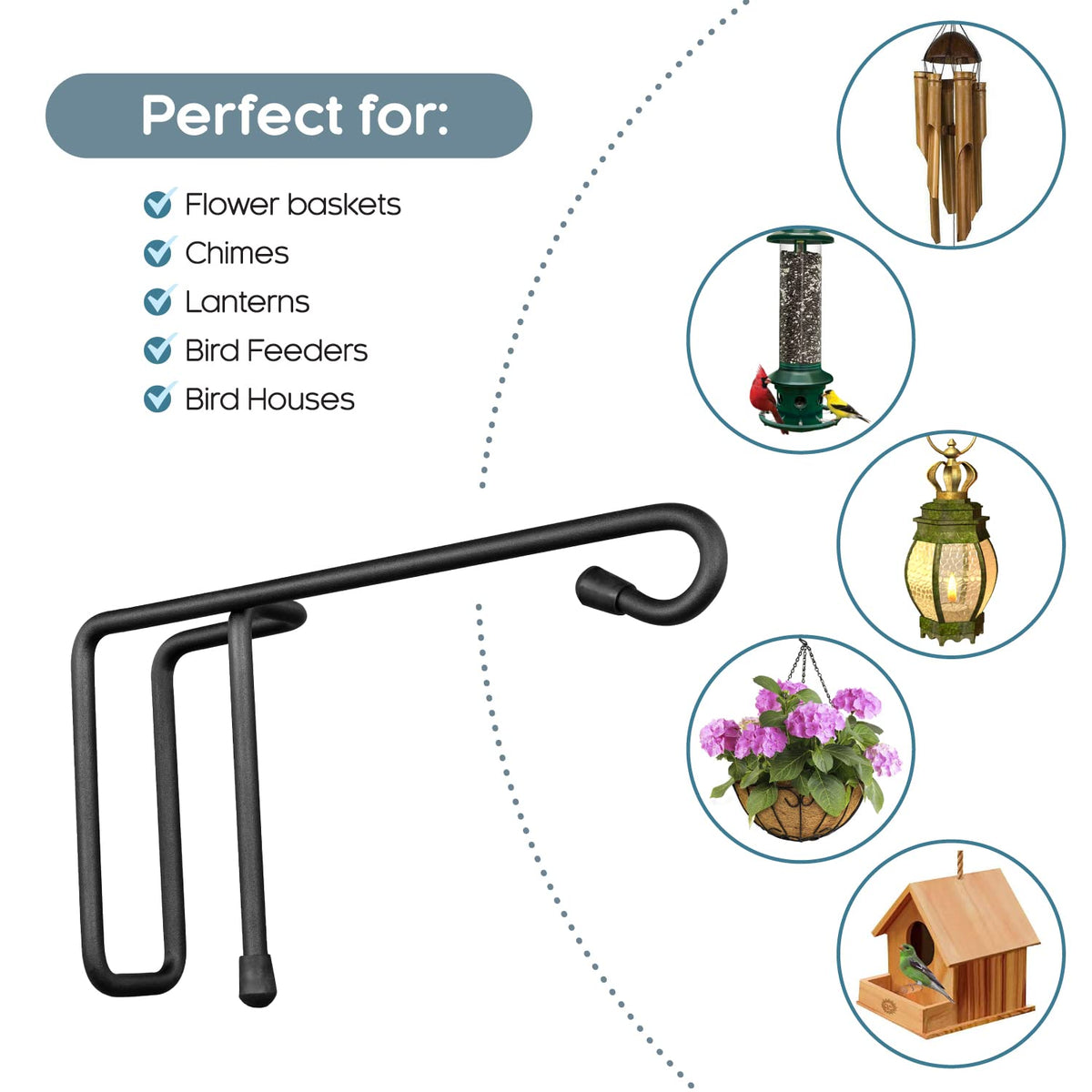 Vinazone Vinyl Fence Hooks for Hanging, Heavy Duty Patio Hangers, Outdoor Fence Hangers for Hanging Flower Baskets, Wind Chimes, Planters, Bird Feeders, Lights, Lanterns - 4 Pack - Black Color