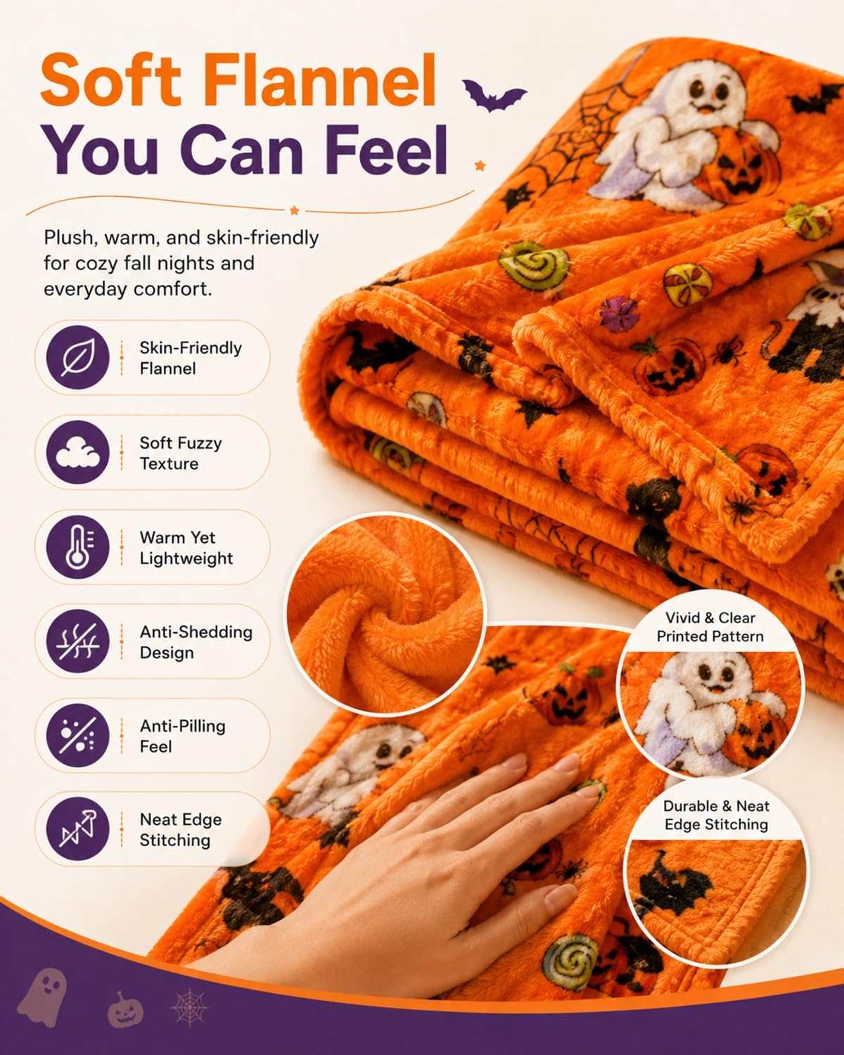 Halloween Throw Blanket Couch Cozy Flannel Decoration for Party Bed Soft Flannel Ghost Blanket Halloween Harvest Gifts Horror Ghost Bat Pumpkin(Model3,60x80in)