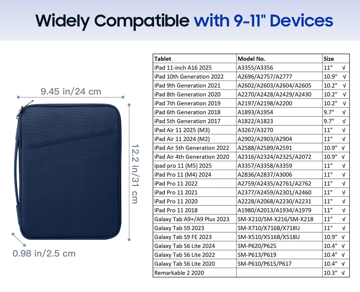 TiMOVO 9-11" Tablet Sleeve Bag for iPad 11-inch A16 2025, iPad 10.9"/10.2"| Air 11 Inch/5th/4th Gen. 10.9", Galaxy Tab A9+/A11Plus 11", Protective Bag with Pockets, Indigo