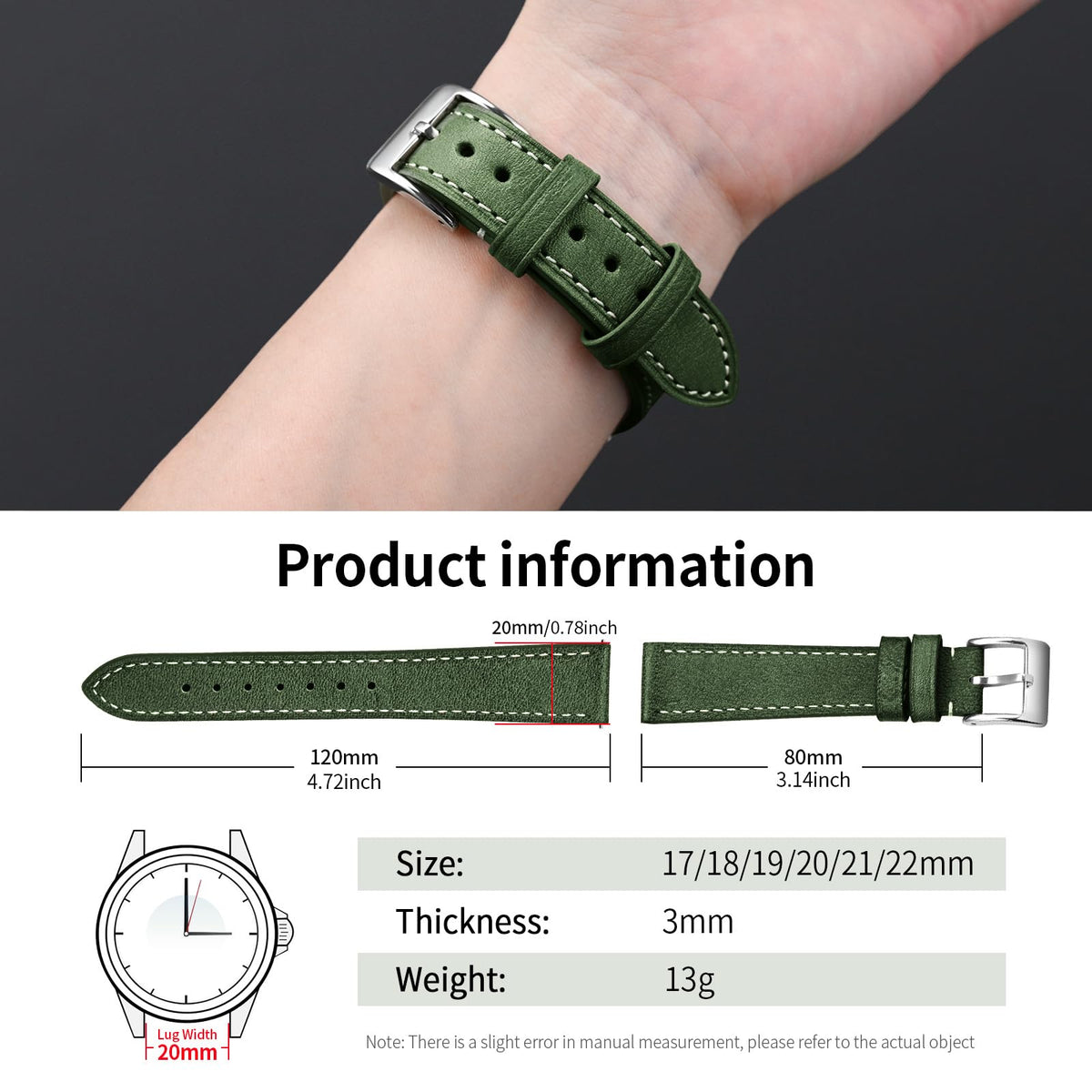 ULLCHRO Leather Watch Straps for Men & Women - Quick Release - Stainless Steel Buckle - Replacement Strap - Band With 17mm, 18mm, 19mm, 20mm, 21mm, 22mm (20mm, Green)