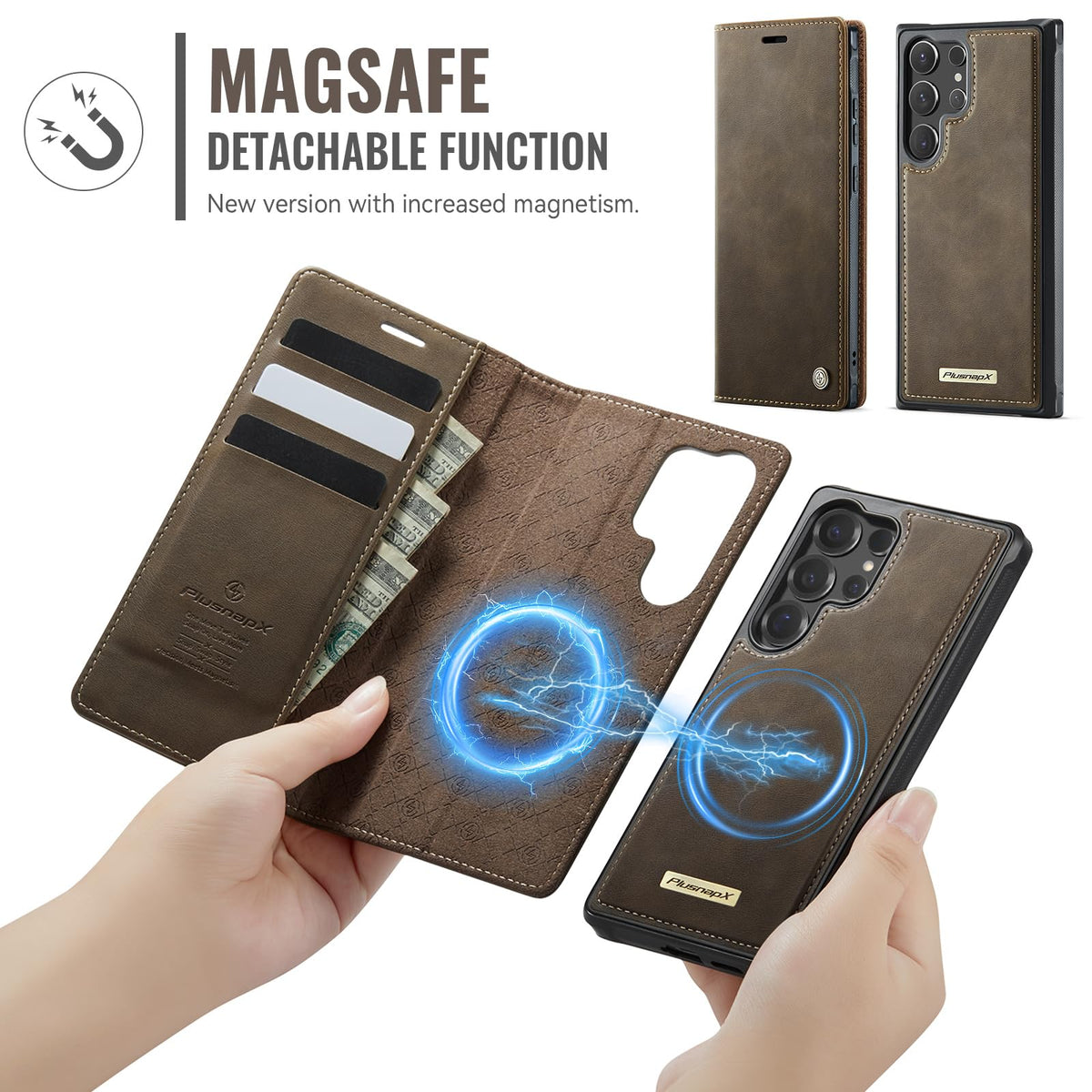 PlusnapX Wallet Case for Samsung Galaxy S24 Ultra Compatible with Magsafe, 2-in-1 PU Leather Flip RFID Blocking Card Holder Stand Shockproof Magnetic Detachable Cover for Galaxy S24 Ultra, Brown