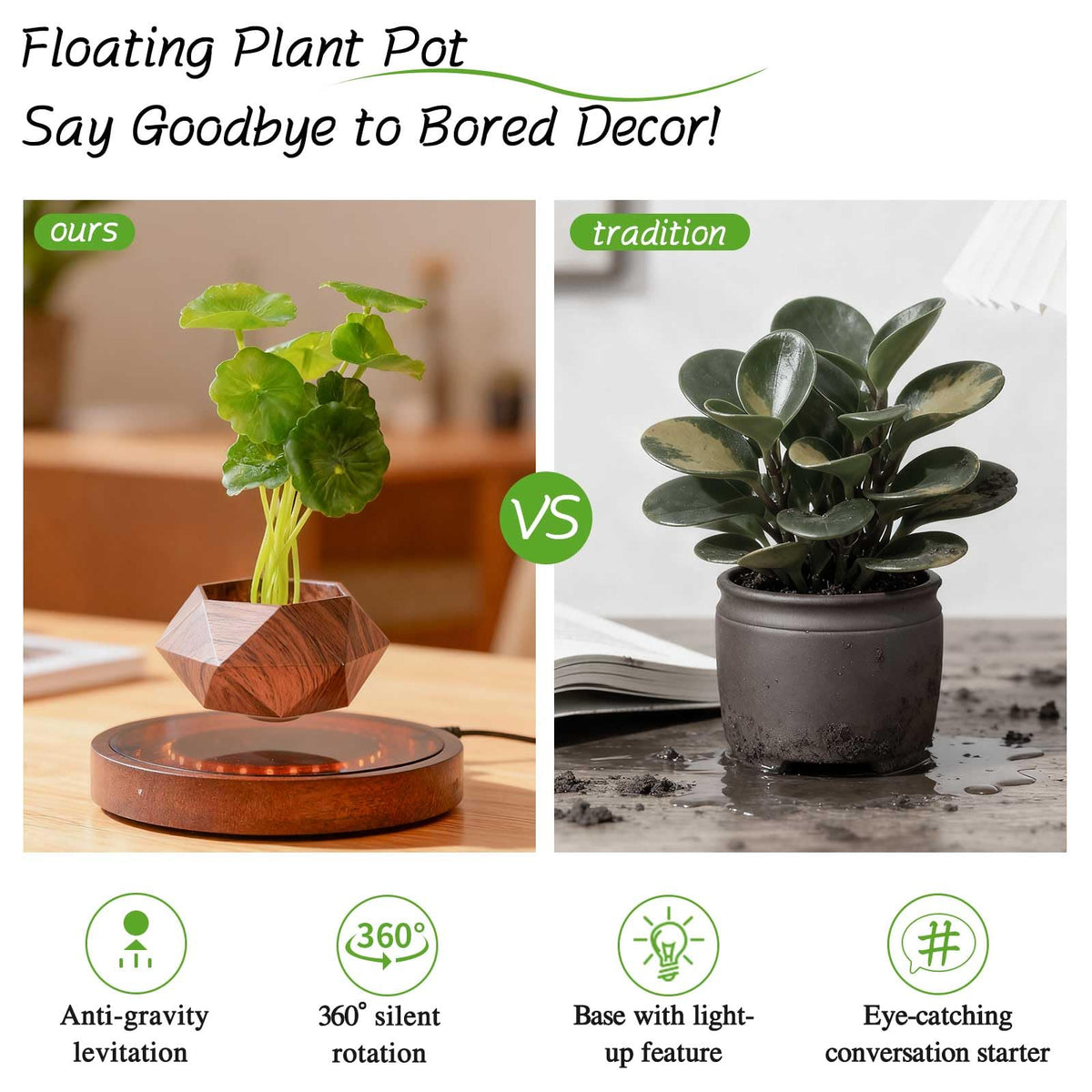 CENTRALEV Magnetic Levitating Plant Pot with LED Light, 360° Rotating Floating Planter for Succulents, Unique Gift for Christmas, Valentine's & Mother's Day, Modern Home Office Desk Decor