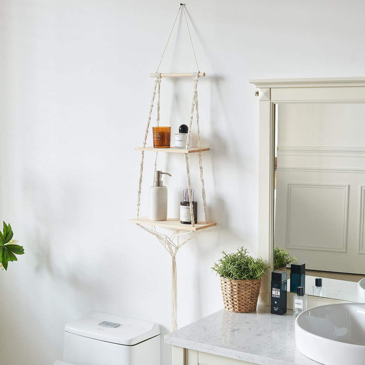 YYHTYZ 2 Tier Wooden Hanging Shelf, Boho Hand-Woven Cotton Wall Hanging Rack, Solid Wood Board, Featuring a Storage Net at the Bottom, Designed for Wall Mounting, Hanging Storage Shelves