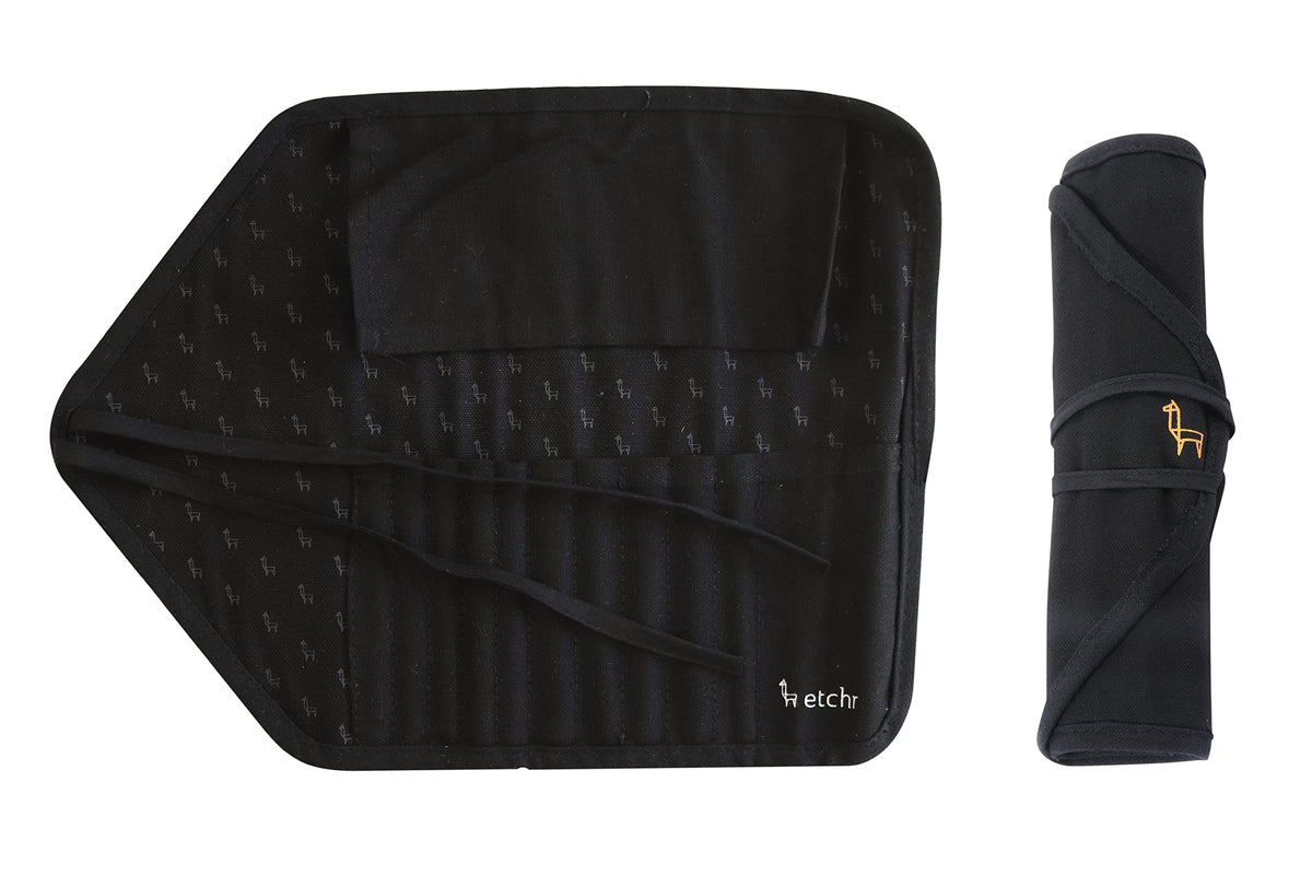 ETCHR Canvas Roll Up Brush Pouch - Black Paint Brush Holder with Canvas Ties