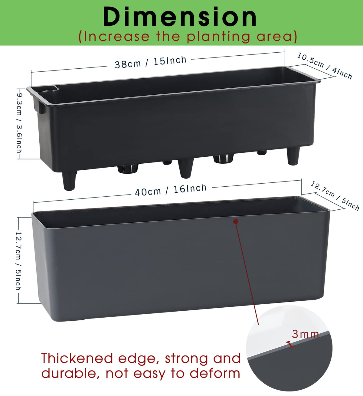 GardenBasix Elongated Self Watering Planter Pots 2-Pack Window Box 5.5 x 16 inch Indoor Home Garden Modern Decorative Pot for All House Plants Flowers Herbs (Dark Grey,2)