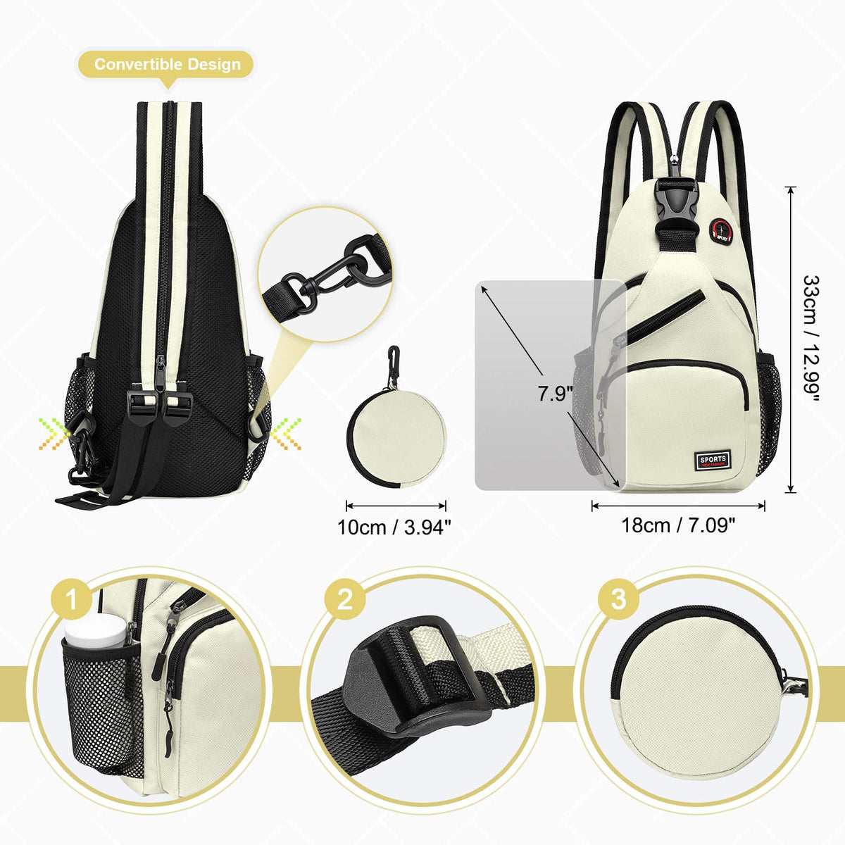 SUIKIHUM Convertible Sling Bag with Coin Pocket, 7.9" Tablet Crossbody Mini Backpack with Headphone Jack Casual Pack for Women Men Travel, White