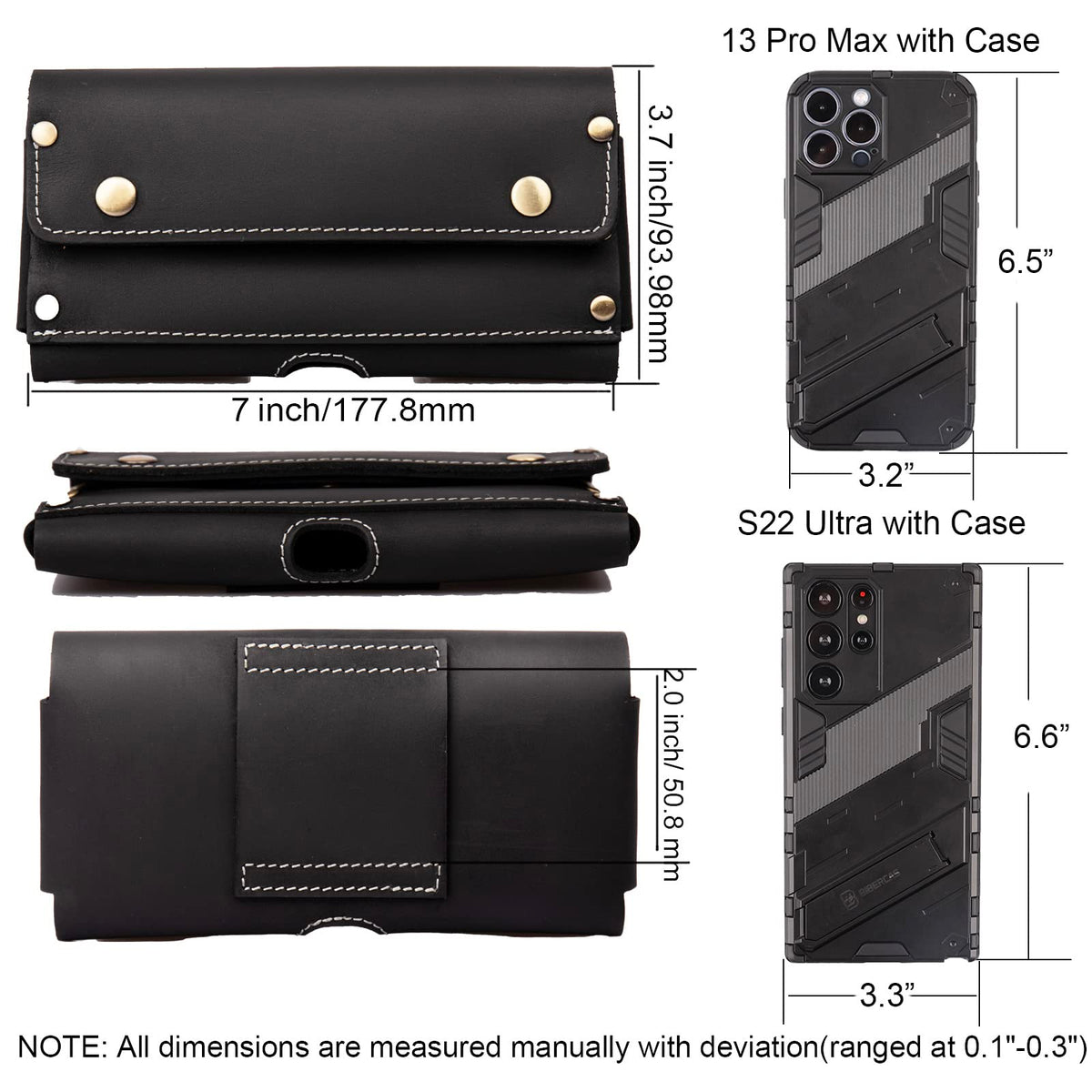 Topstache Leather Phone Holster with Belt Loop,Two Pockets Cell Phone Pouch, Leather Card Holder,Wallet for Cash and Phone, Phone Holder for iPhone 13 Pro Max,13 Pro,Black