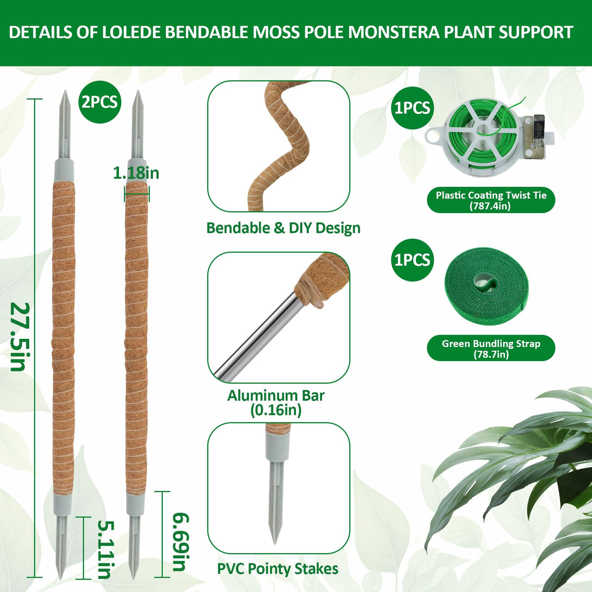LOLEDE 4 Pack Moss Pole, 27.5 Inches Bendable Coco Coir Poles Monstera Plant Support for Climbing Indoor Plants, DIY Plant Stakes Kit Support for Pothos, Philodendron,Potted Plants