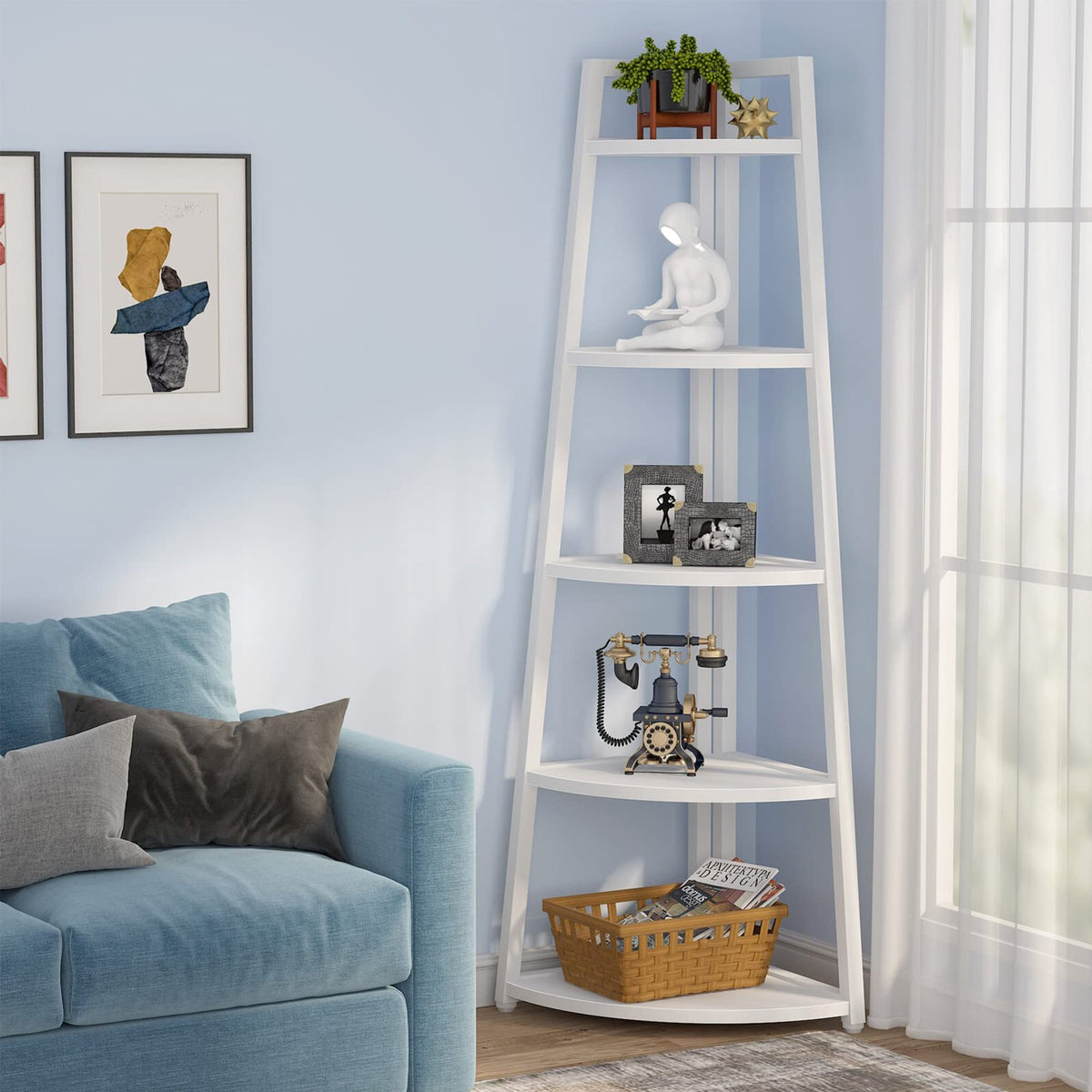 Tribesigns 5 Tier Corner Bookshelf and Bookcase, 70 inch Tall Corner Shelves Standing Shelving Unit Indoor Plant Stand for Living Room, Kitchen, Home Office (White)