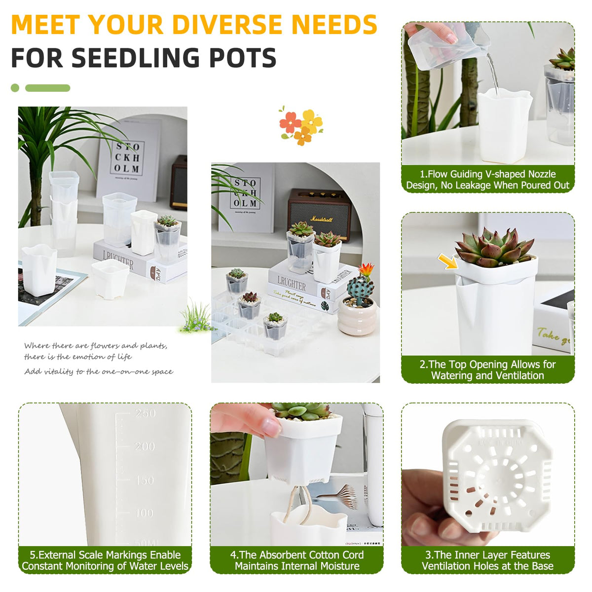 2.5" Small Self Watering Pots for Indoor Plants, 16 Pack Mini White Plastic Planters with Drainage Holes, Semi Hydroponic, Propagation, Cuttings, Seedlings, African Violets, 16 Plant Labels and Wicks