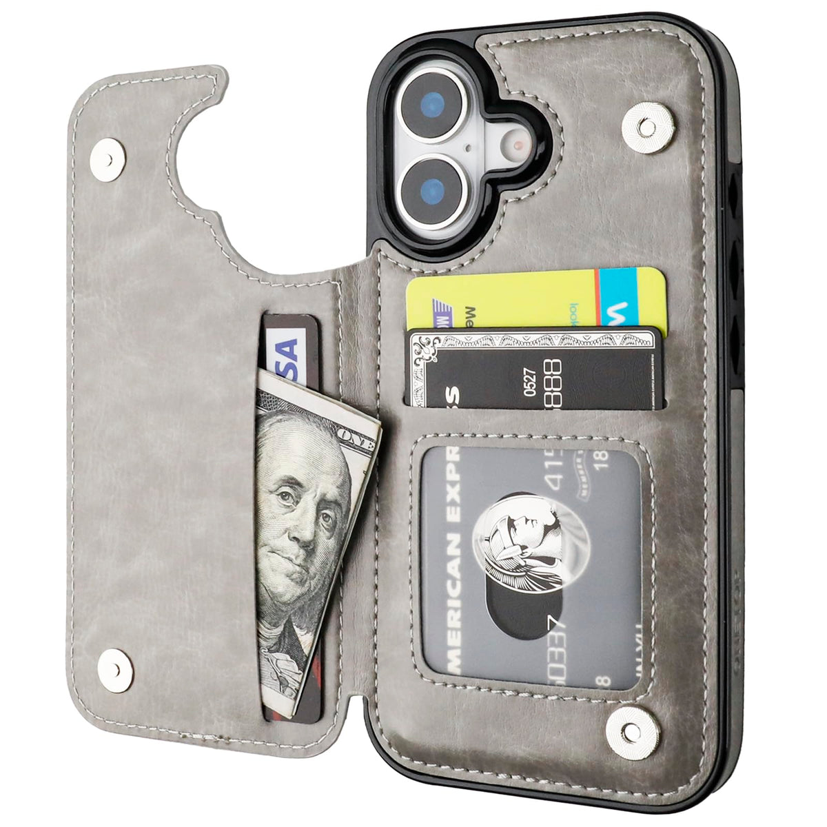 ONETOP Compatible with iPhone 17 Wallet Case with Card Holder, PU Leather Kickstand Card Slots Case, Double Magnetic Clasp and Durable Shockproof Cover 6.3 Inch (Gray)