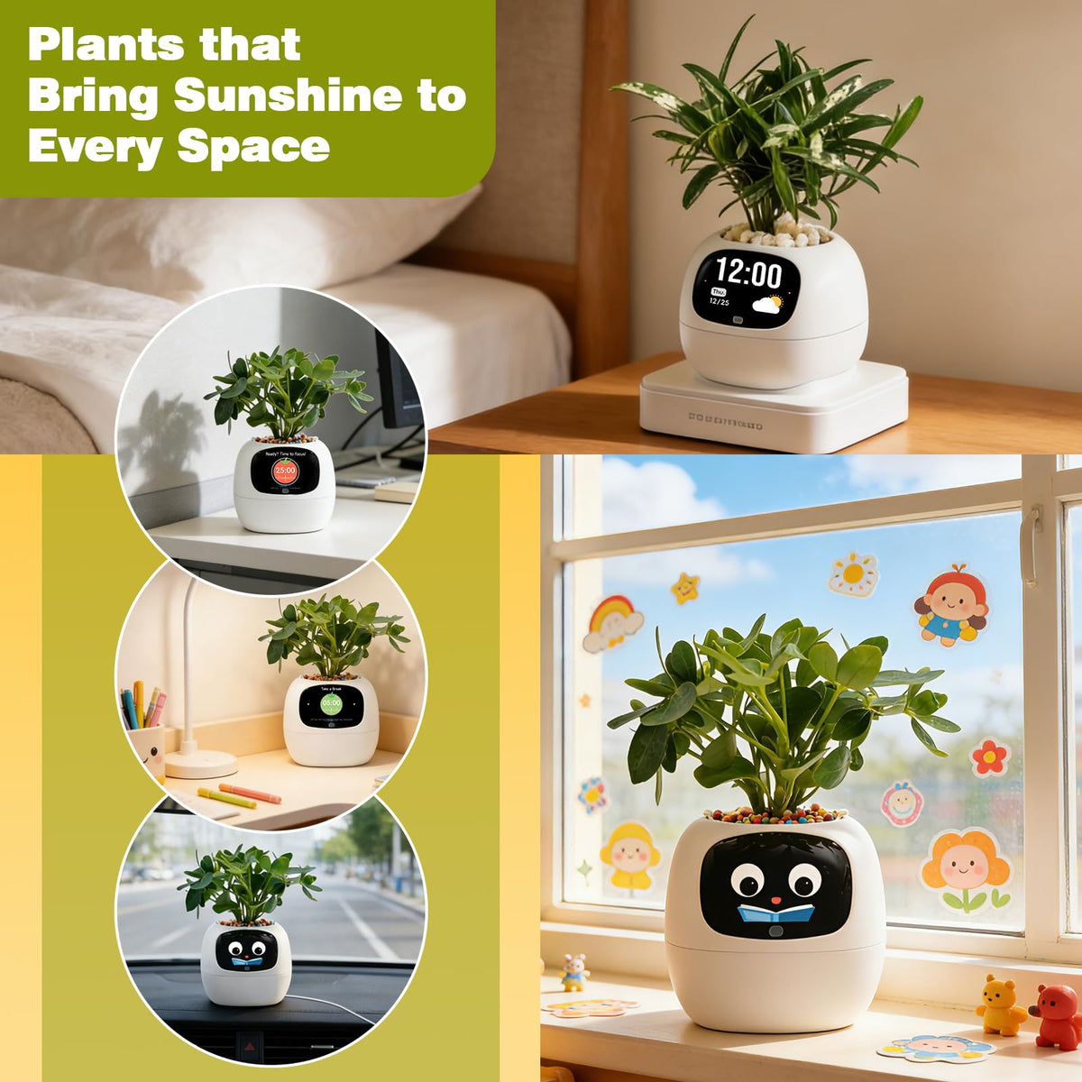 Smart Plant Pot with Visual Display – Soil Moisture, Water Level, Light & Battery Monitor, 80ml Self-Watering Reservoir, Supports 100+ Plants, Pomodoro Timer, Clock & Calendar-White