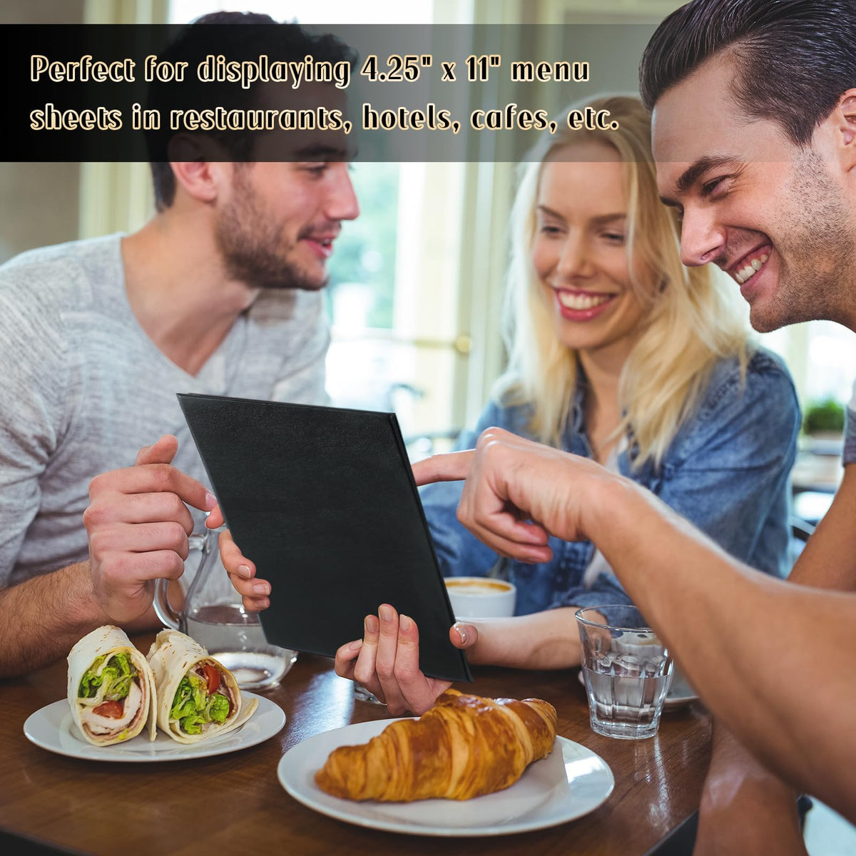 FLKQC 20 Pack Restaurant Menu Covers Holders 4.25" X 11", 2 Pack 2 View Synthetic Leather Menu Holder Covers Book Style with Angled Corners Black for Wine List, Morning Menu, Wine Menu (20, 2 Page)