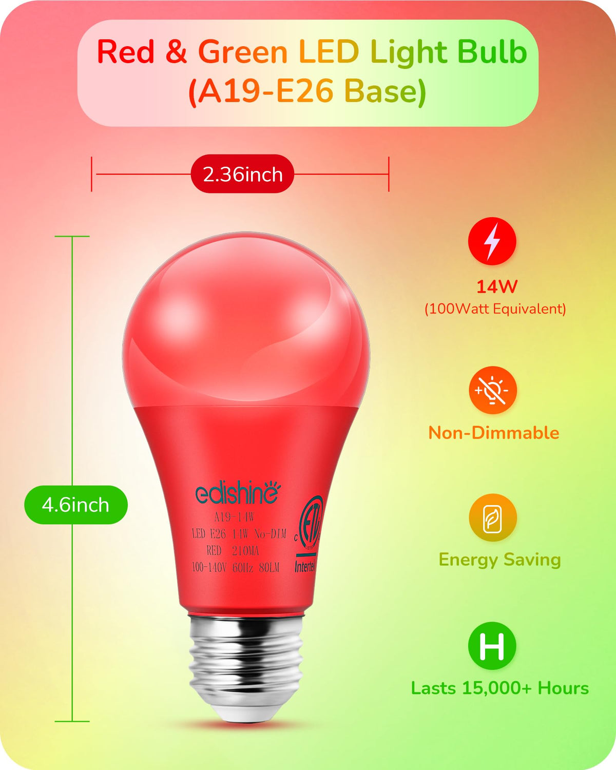 EDISHINE A19 LED Light Bulbs, Red & Green, E26 Base, 4 Pack for Christmas Decoration