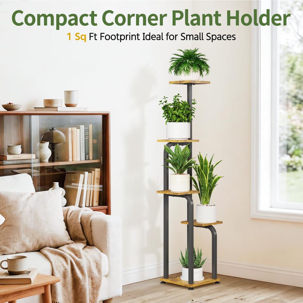 LASZOLA 5 Tiered Plant Stand Tall for Indoor Corner, Modern Multiple Flower Display Rack with Wooden Tray, Vertical Planter Shelf for Living Room Bedroom Patio Garden Balcony, Black
