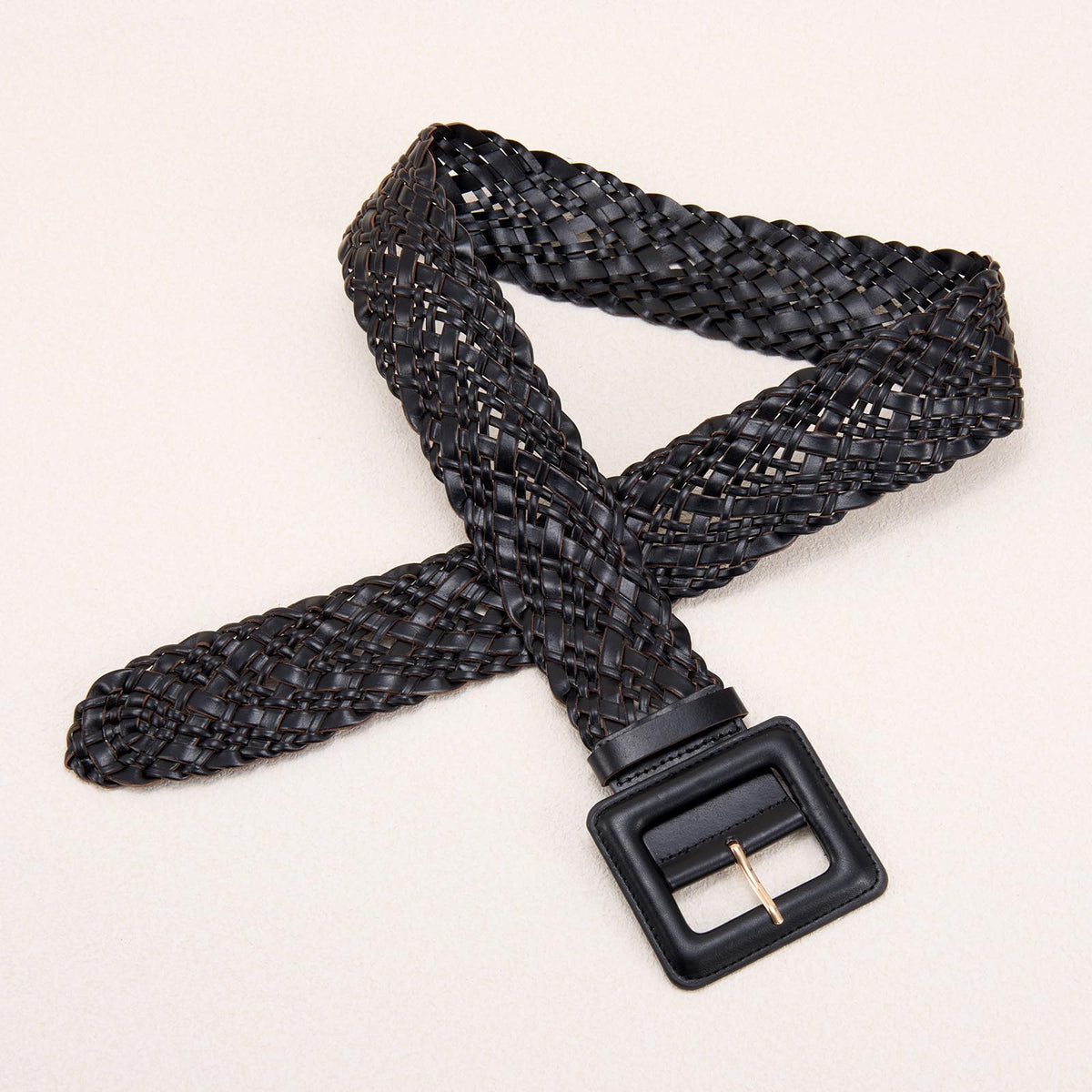XZQTIVE Women Wide Belt for Dresses Fashion Thick Braided Leather Belts with Square Buckle, Woven Waistband for Ladies, Black(Fit Waist Size Below 27'')