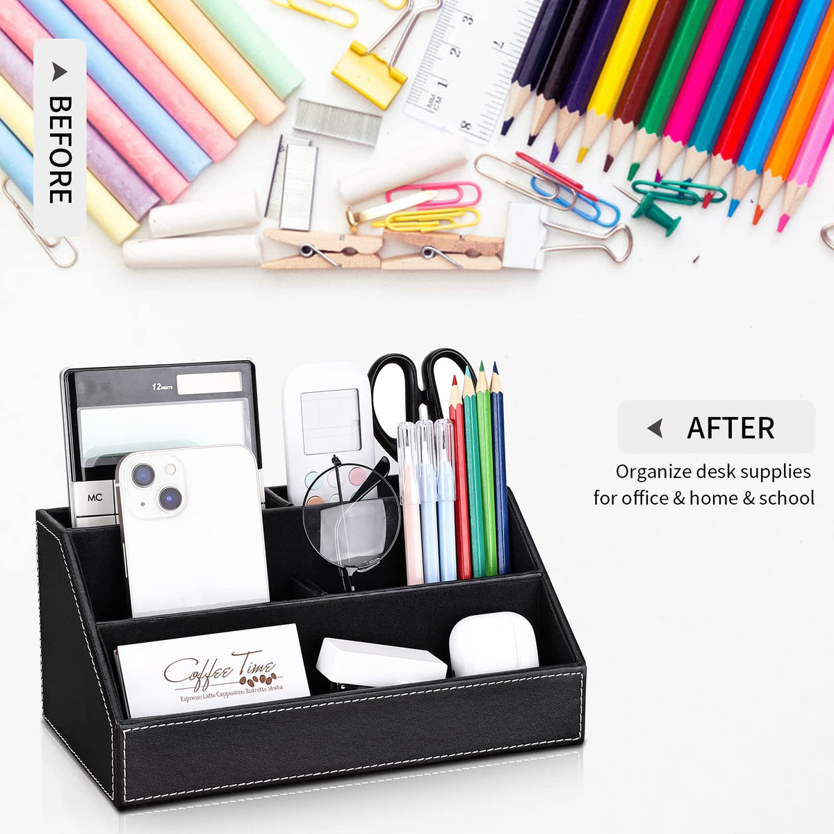 KINGFOM 5PCS Desk Organizer and Accessories Set, Pu Leather Office Supplies with Multifunction Desktop Organizer Storage Box, Tissue Holder, Mouse Pad, Note Paper Holder, Pencil Holder for Desk Black