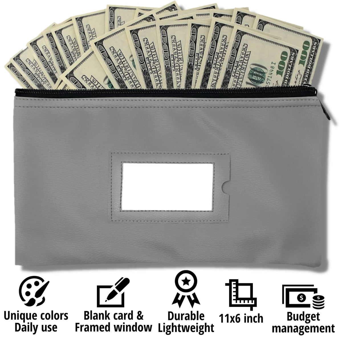 Money Bank Deposit Bag with Zipper | 11x6 inch | Grey | Durable Leatherette Money Cash Coin Check Wallet Pouch for Men & Women with Framed ID Window and Blank Card | by GIDABRAND (7)