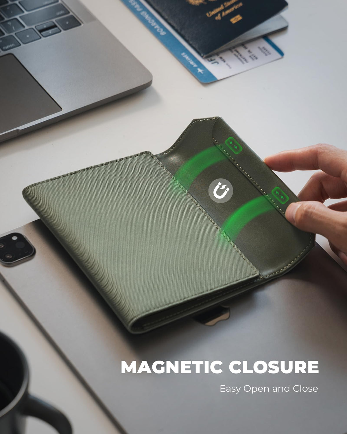 VULKIT Passport Wallet with Detachable AirTag Holder, Vegan Leather Passport Holder, RFID Blocking, Travel Essential, Magnetic Closure, Green