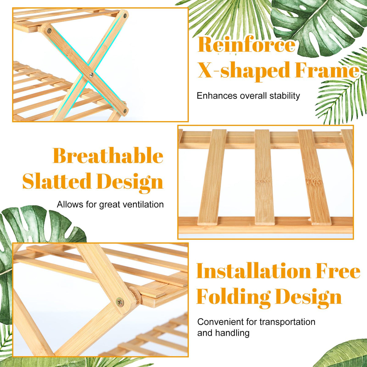 Leinuosen 4 Tier Wooden Plant Stand 27" x 27" x 10" Foldable Bamboo Display Rack Organizer Multiple Plant Shelf Flower Pot Holder Lightweight Portable Bamboo Shelf for Picnic Garden Patio Indoor
