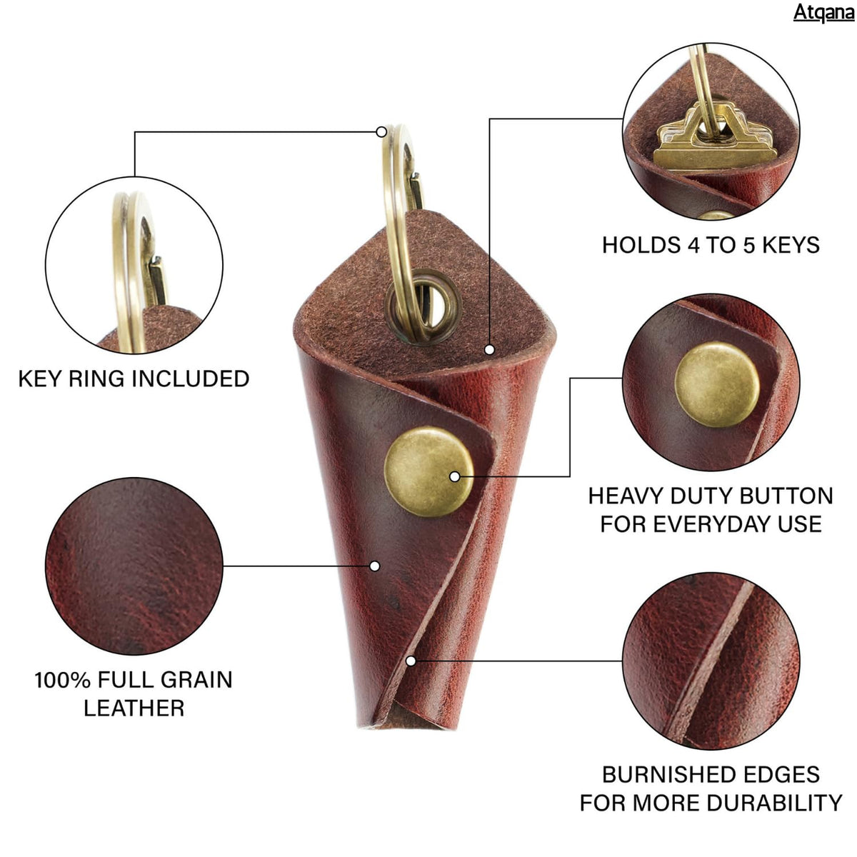 Atqana Leather Key Wrap Cover (Premium Leather) - Key Organizer | Motorcycle Keychain Wrap (Extra Dark Brown) (Brass Button)