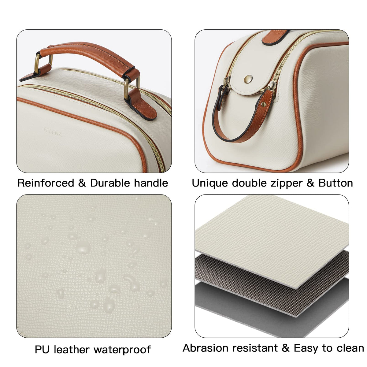 Telena Travel Toiletry Bag Makeup Cosmetic Bags for Women Waterproof PU Leather Toiletry Organizer Portable Large Capacity Beige with Brown