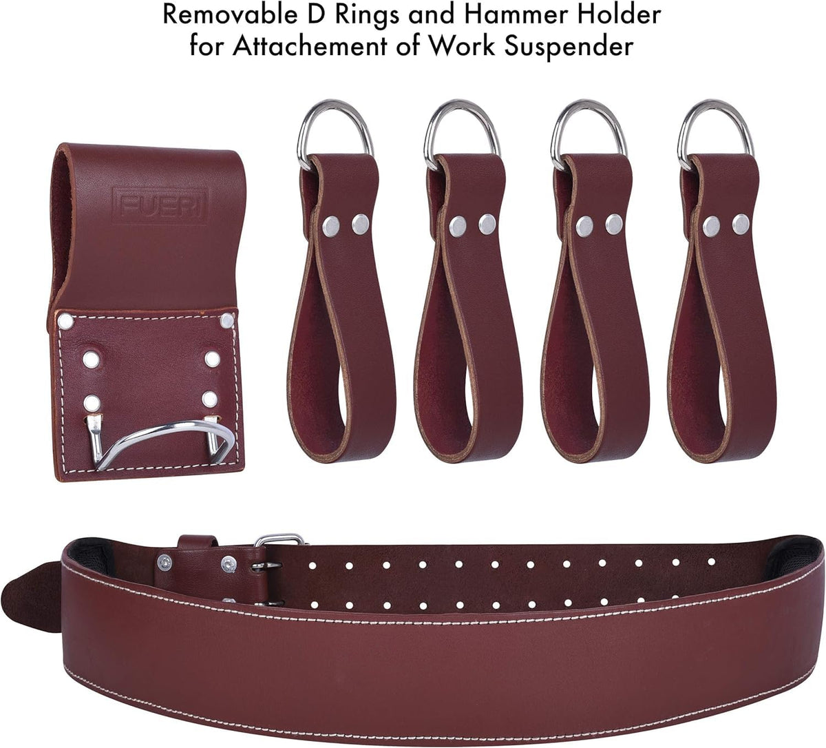 FUERI Leather Tool Belt 17 Pocket Pouches Bags Men Suspenders Holder Organizer for Carpenter Construction Electrician - Maroon