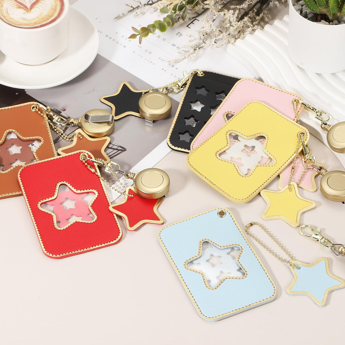 PATIKIL Retractable Badge Holders, 2 Pcs Cute Leather ID Holder with Badge Reels Keychain ID Card Clip Protector Cover for Women Work Office Business Trip, Pink/Red