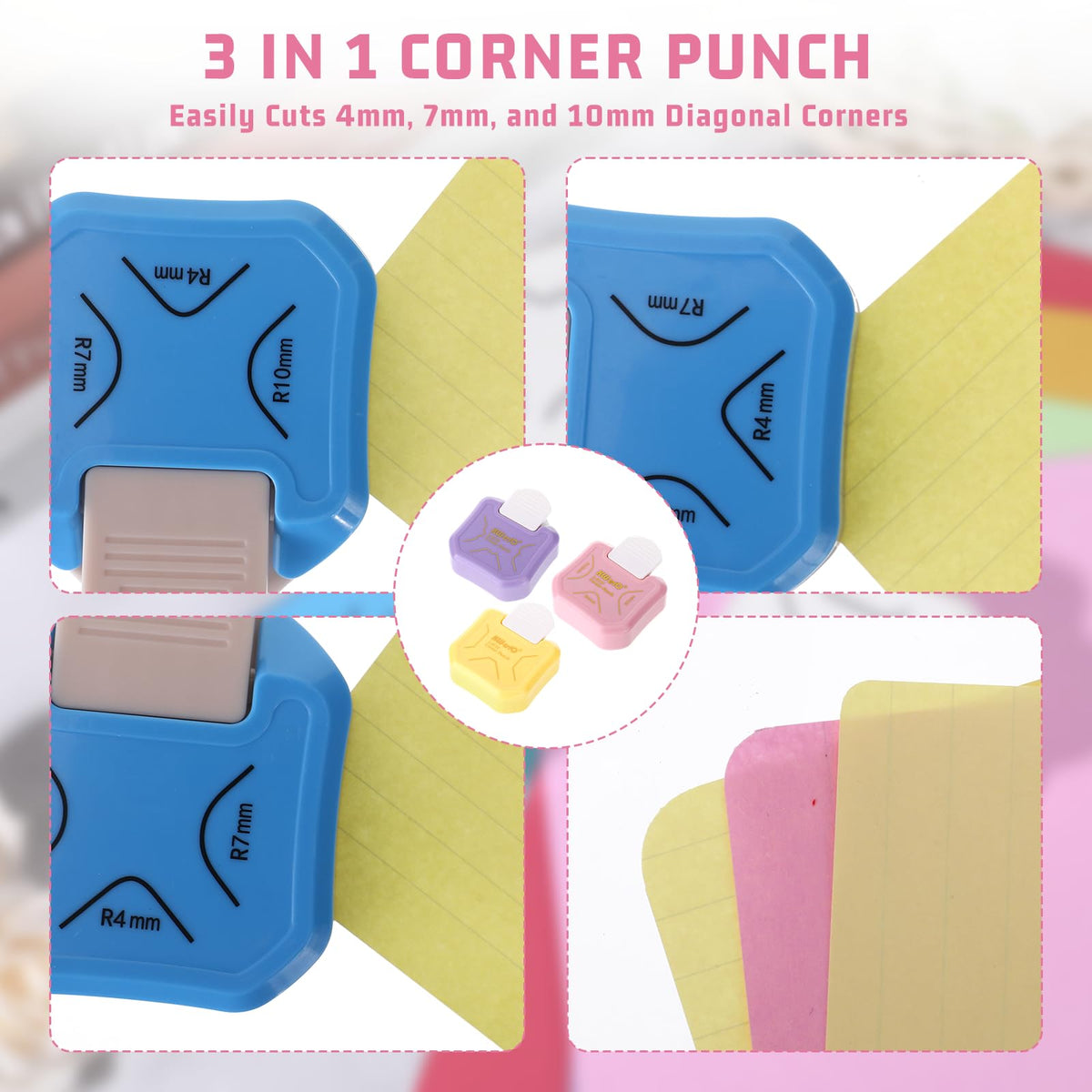 3 Pcs Corner Rounder Punch 3 in 1 Paper Corner Cutter (R4mm, R7mm, R10mm) Round Corners Cutter Rounder for Cardstock Envelope Laminate DIY Card Making Paper Crafts Scrapbook Supplies