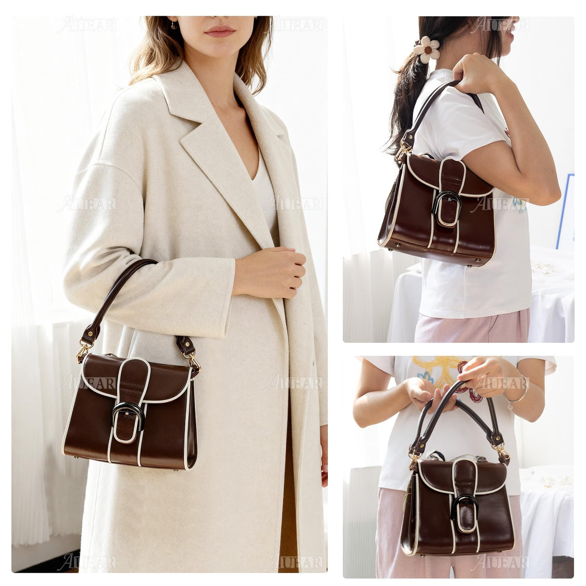 AUEAR, 2 Pack Purse Straps Replacement Leather Handbag Handles Dark Brown with Gold Metal Lobster Buckles