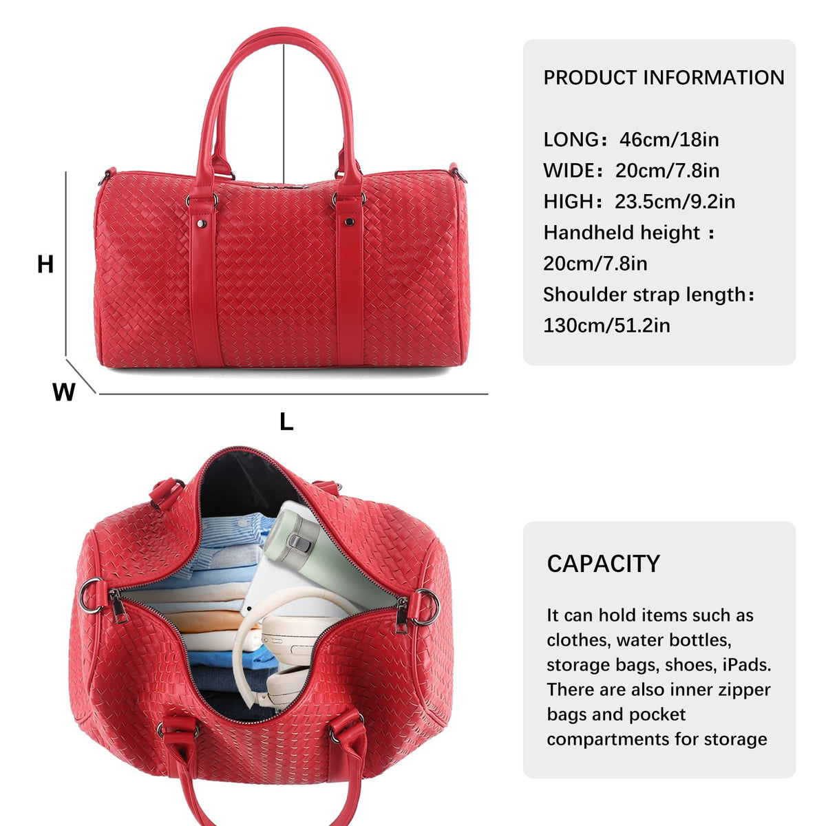 Weekender Bags for Women Designer Duffle Bag for Men, Woven Leather Carry On Travel Bag with Wet Compartment Large Capacity Water-resistant Gym Tote (Red)