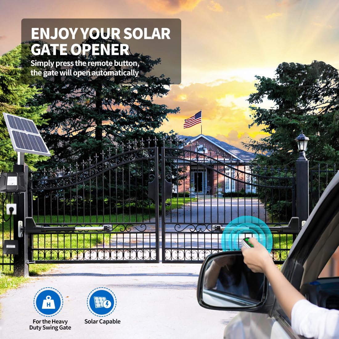 TOPENS AT12132S Solar Dual Swing Gate Opener Heavy Duty Automatic Gate Motor for Double Swing Gates Up to 18ft per Arm, Electric Driveway Gate Operator AC Powered with Solar Panel Remote Control Kit