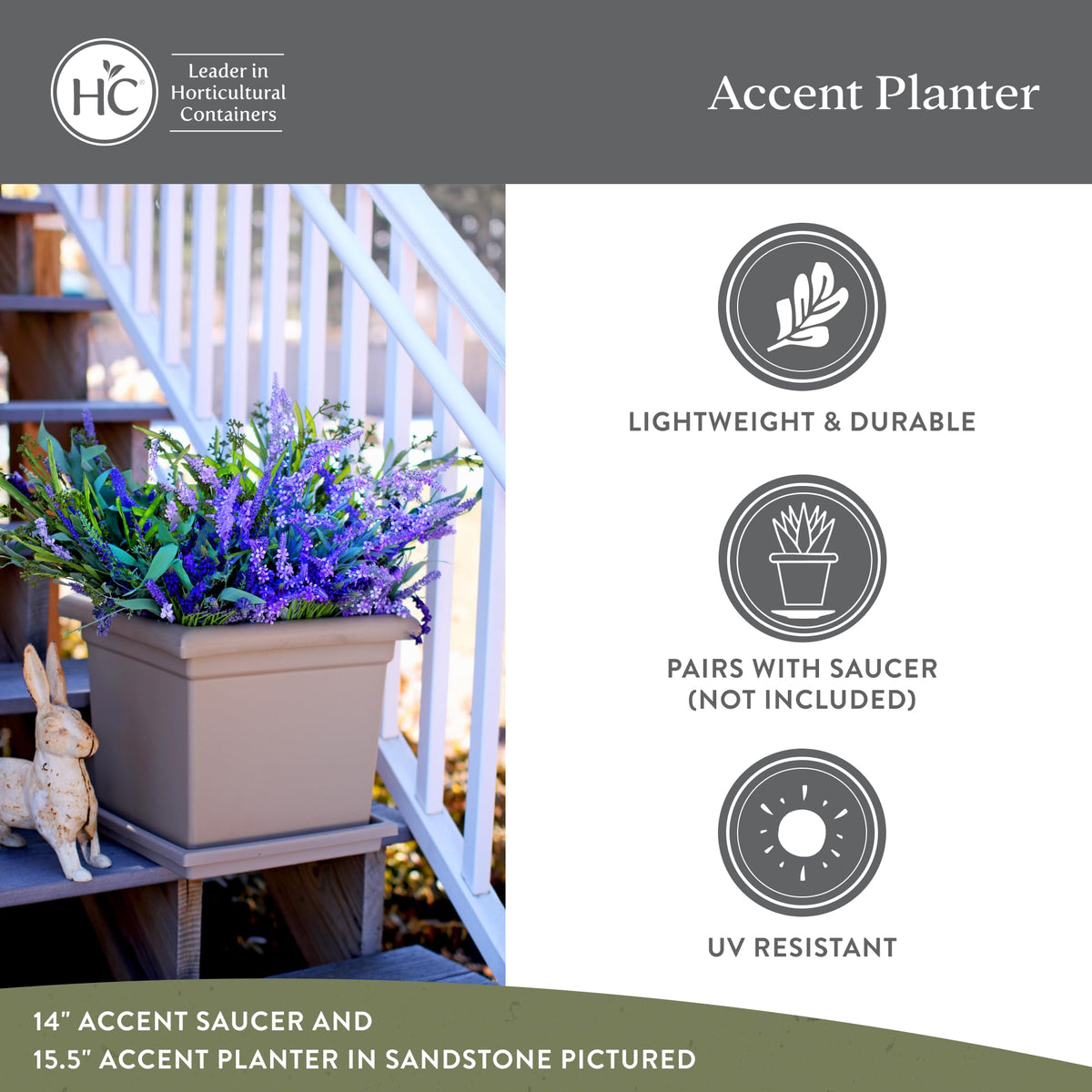 The HC Companies Accent Square Plant Pot w/Drainage - Classic Planters for Outdoor Plants & Indoor Plants - Lightweight & UV-Resistant Square Planter Box (15.5”, Evergreen, Pack of 1)