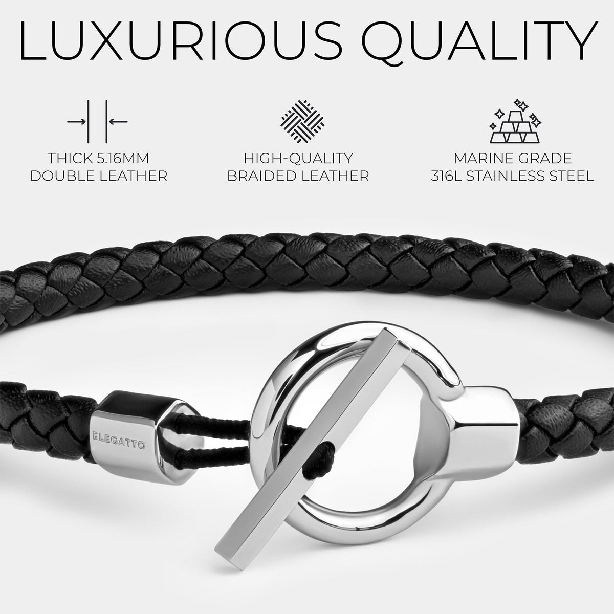 Elegatto Helm Premium Braided Leather Bracelet for Men | Full-Grain Braided Leather with Sterling Silver Polished Stainless Steel Toggle Clasp Closure | Men’s Designer Bracelets | Medium